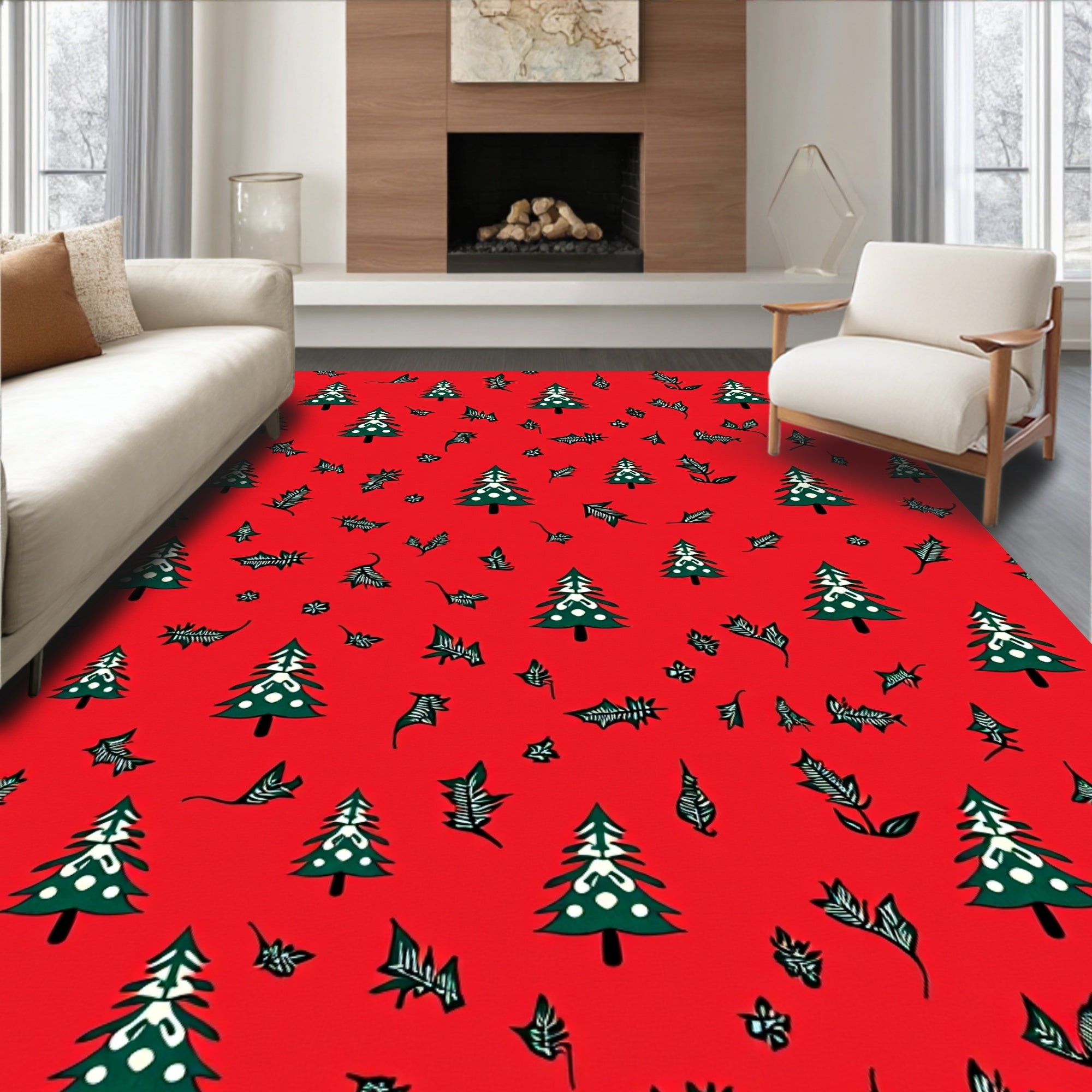 Christmas Tree and Holly Accents Red Rug