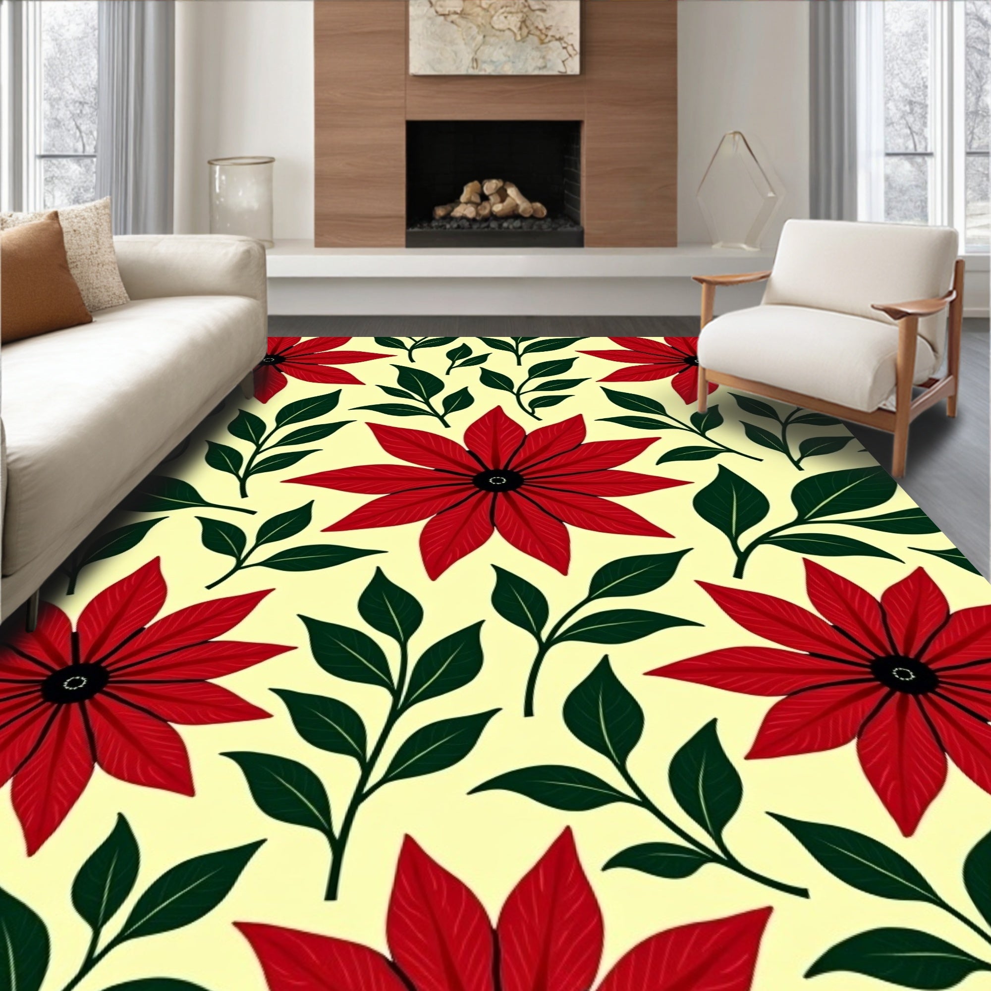 Crimson Red Starburst Foliage Rug