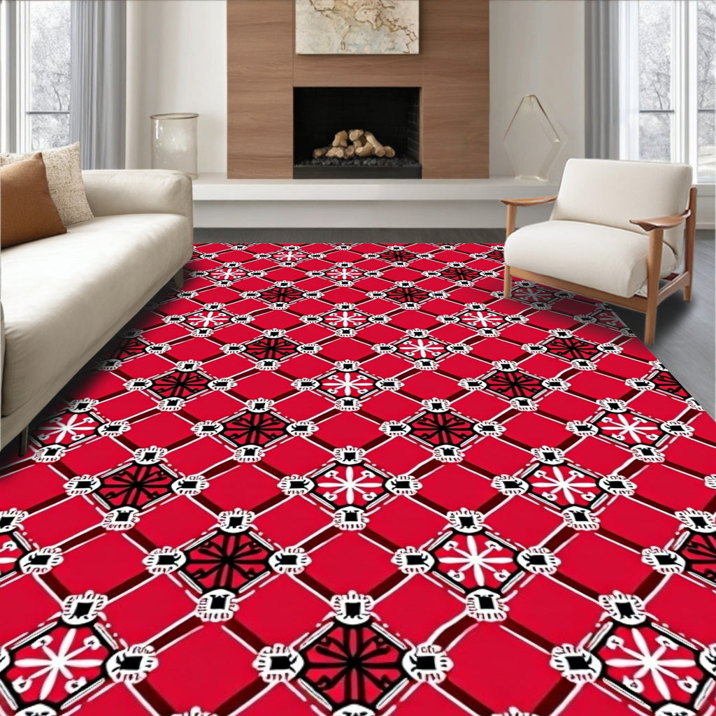 Bold Red White Black Geometric Medallion Rug