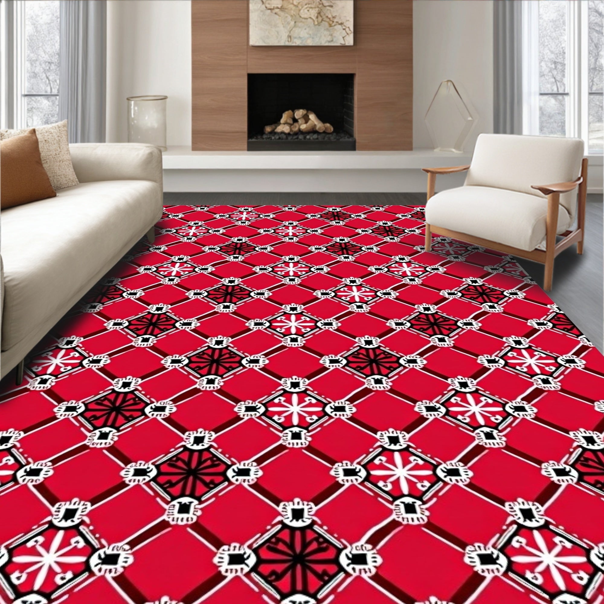 Bold Red White Black Geometric Medallion Rug