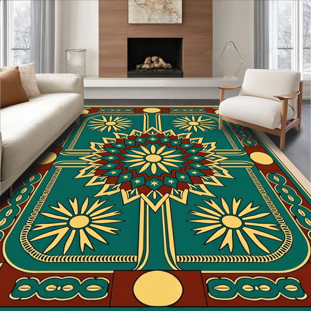 Teal Yellow Sunburst Medallion Rug