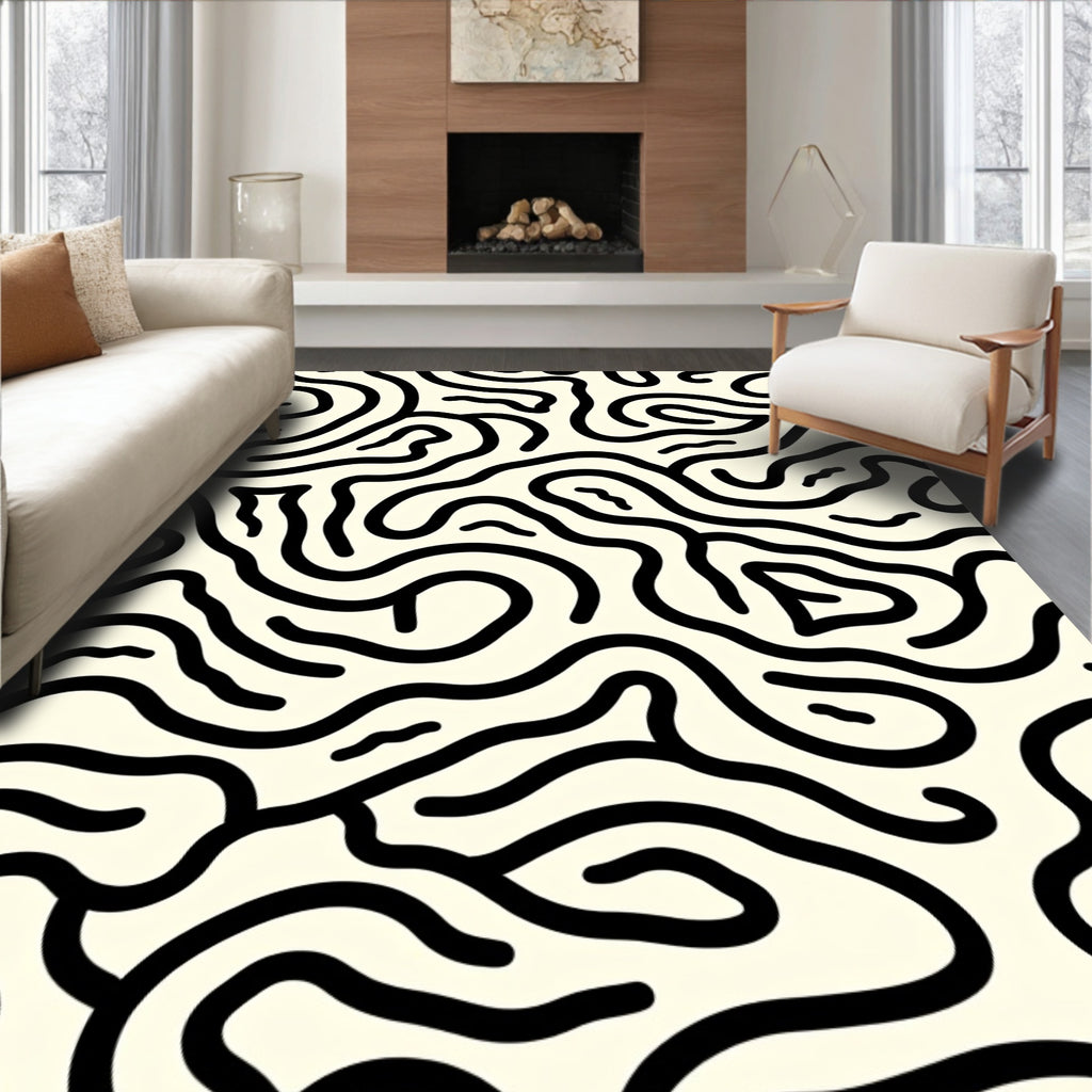 Cream Black Abstract Line Maze Rug