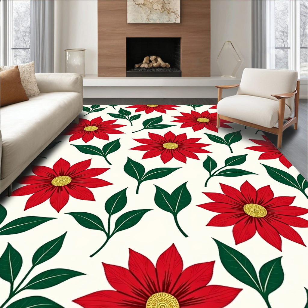 Bold Red Floral Leaf Arrangement Rug