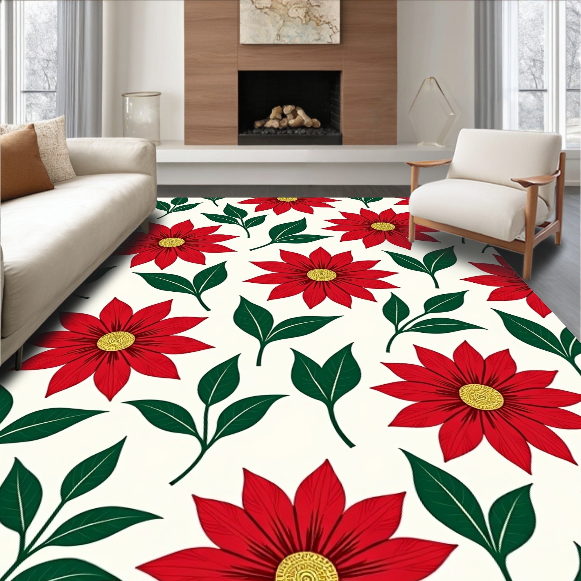 Bold Red Floral Leaf Arrangement Rug