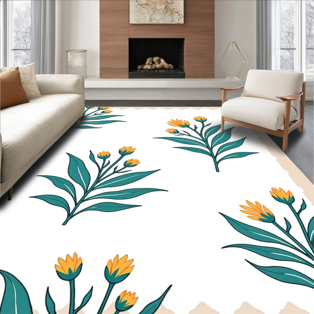 Teal Leafed Yellow Blossom Cluster Rug