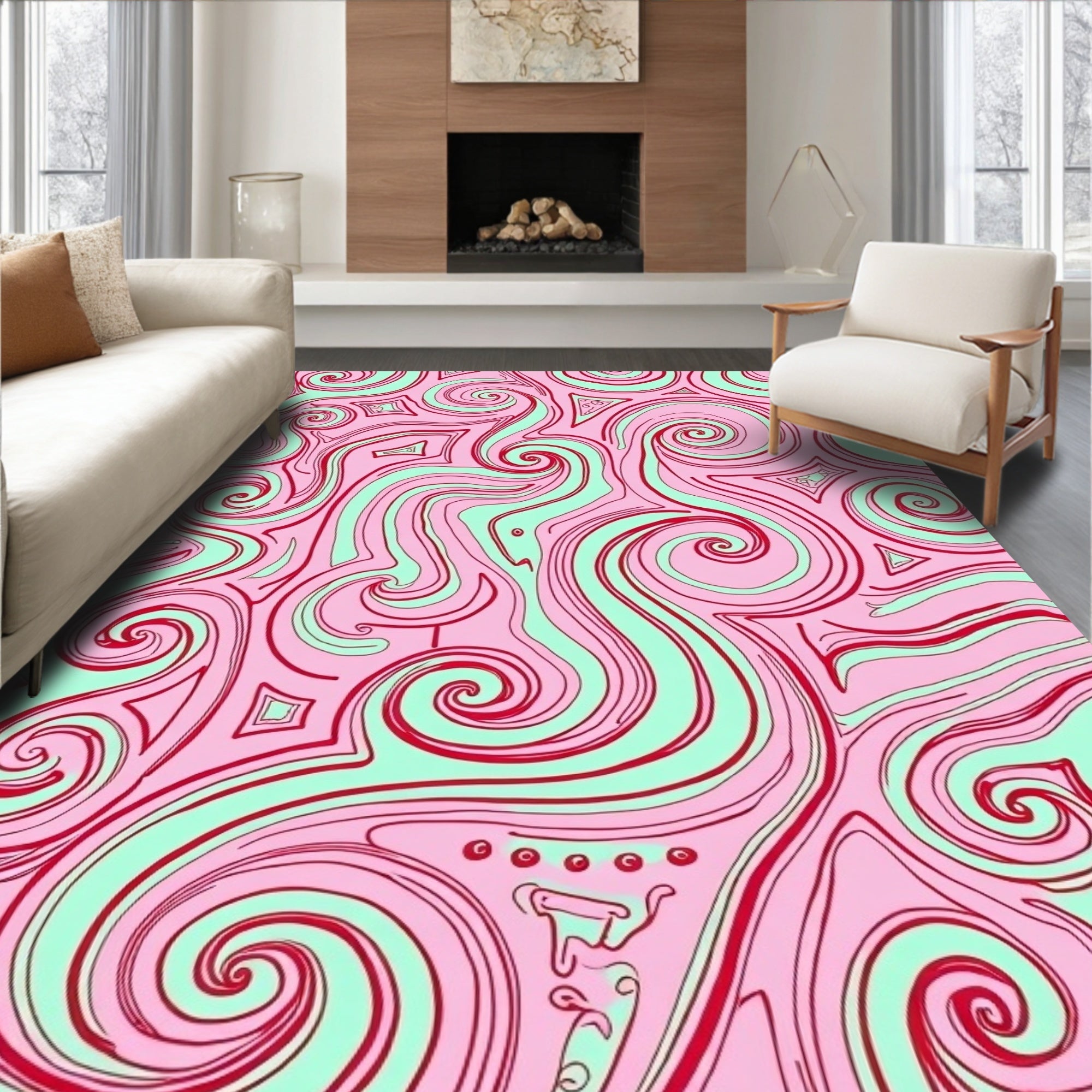 Pink Swirls with Red Lines Abstract Rug