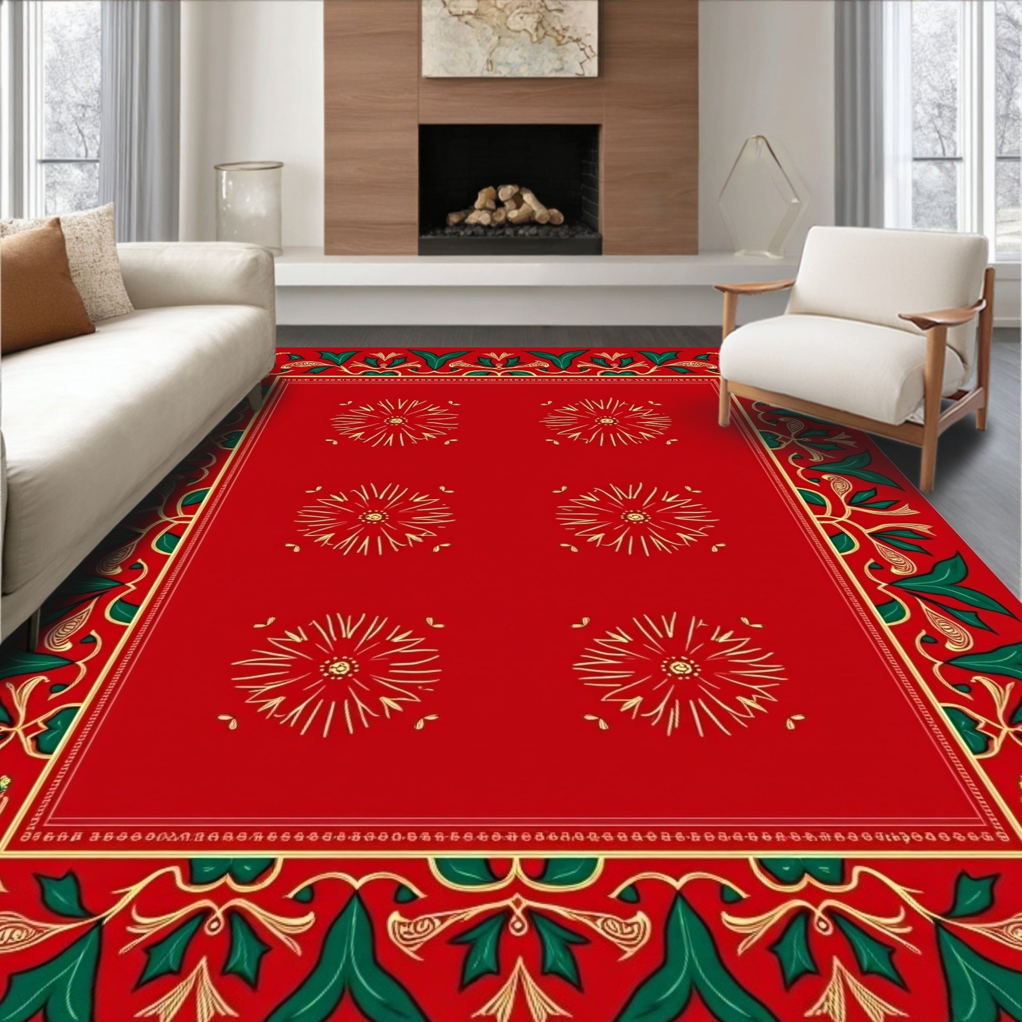 Crimson Red Floral Holly Border Rug
