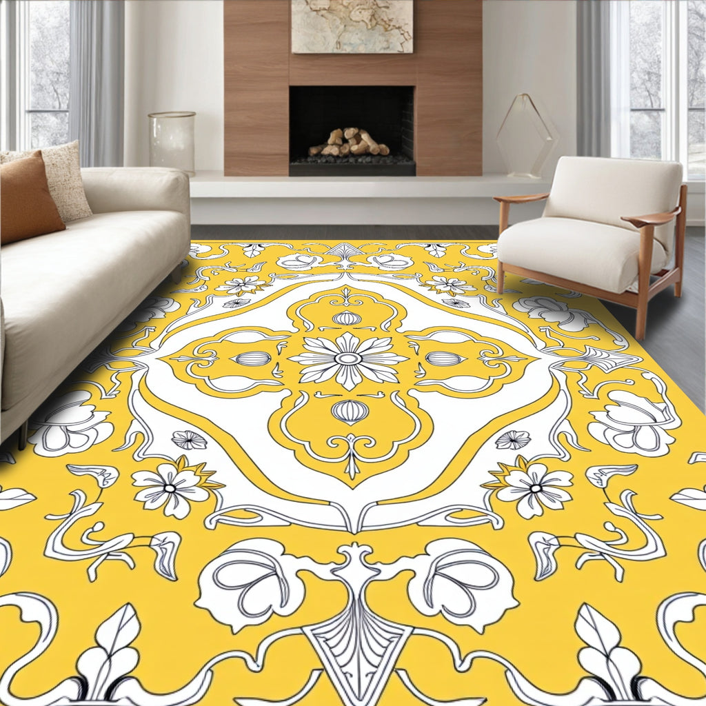 Golden Floral Scroll Medallion Rug