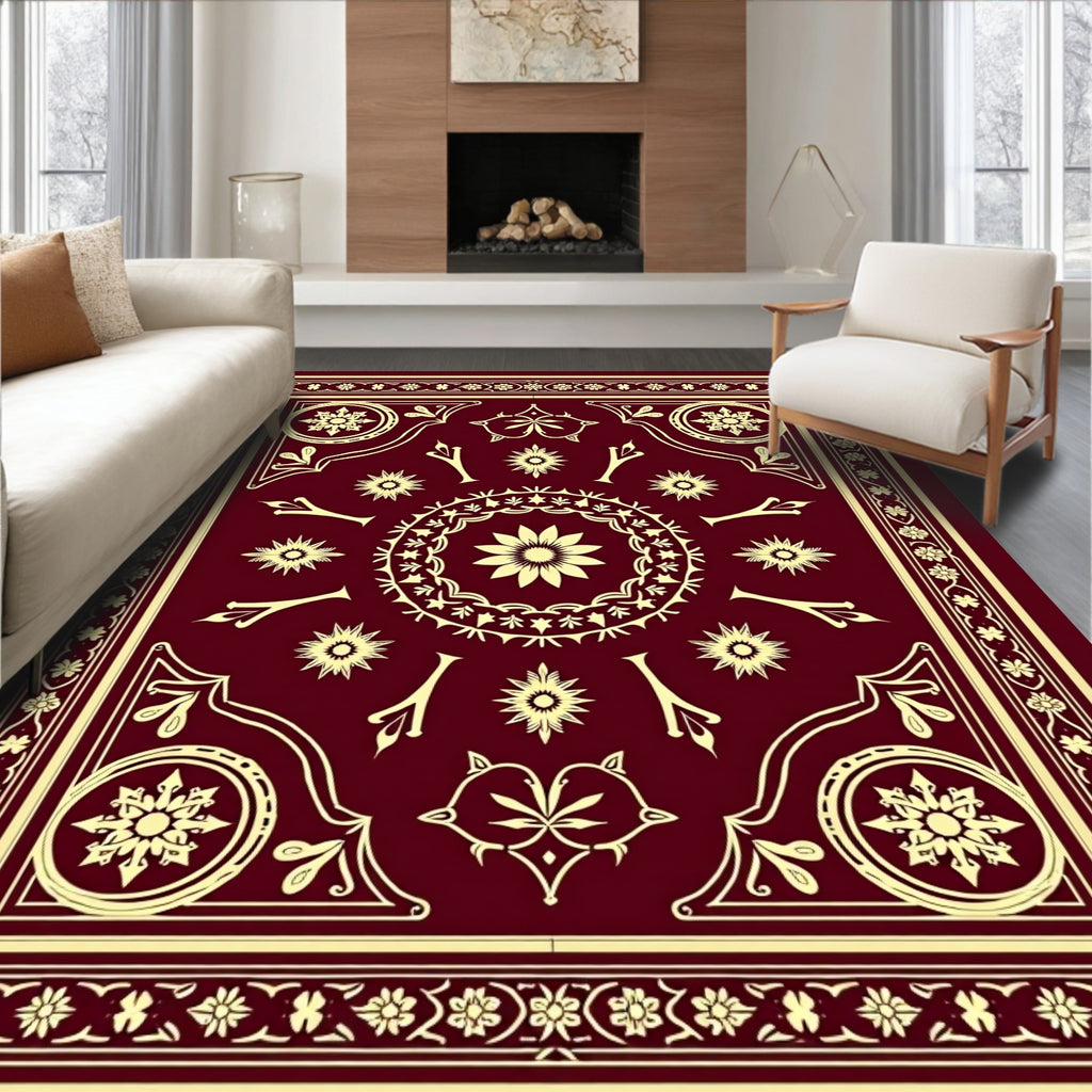 Crimson Yellow Ornate Medallion Border Rug