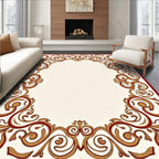 Ornate Crimson Golden Scrollwork Border Rug