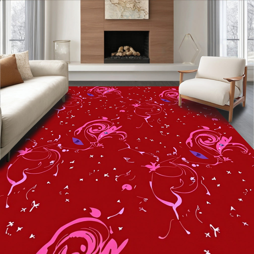 Crimson Abstract Swirl And Flower Rug