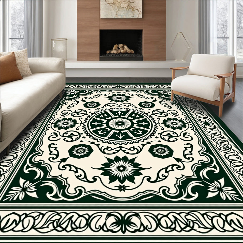 Dark Green Cream Floral Medallion Rug