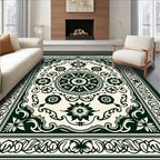 Dark Green Cream Floral Medallion Rug