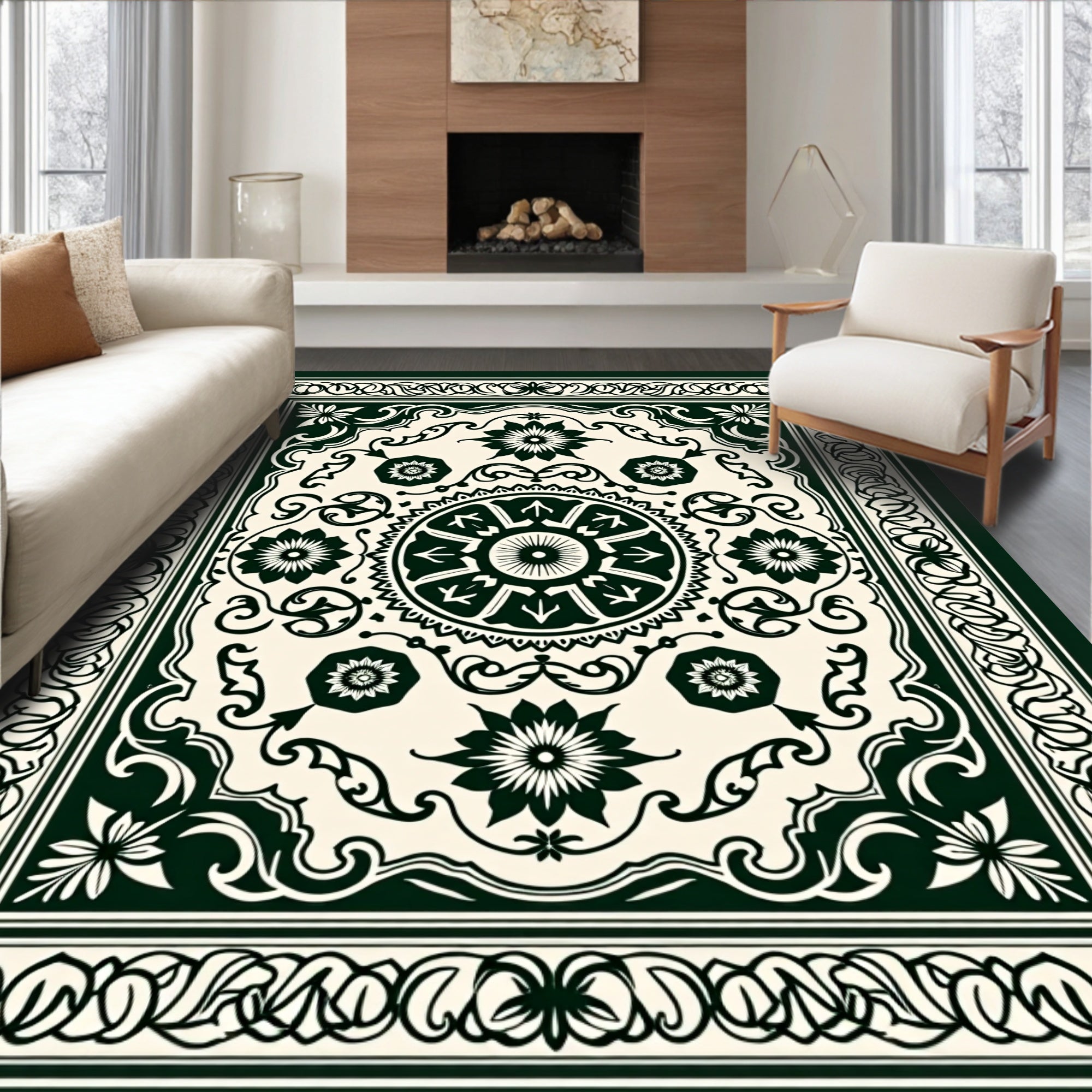 Dark Green Cream Floral Medallion Rug