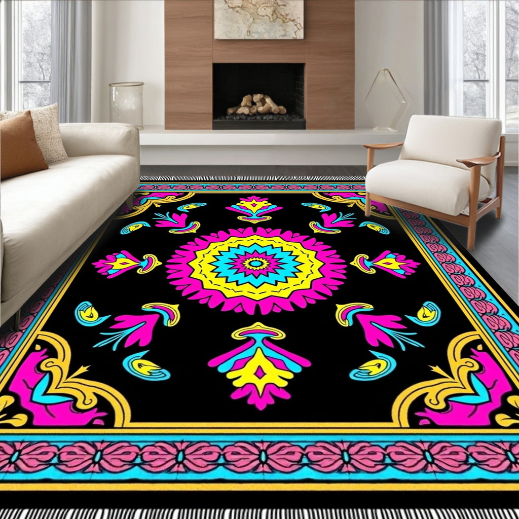 Vibrant Pink Yellow Blue Medallion Rug