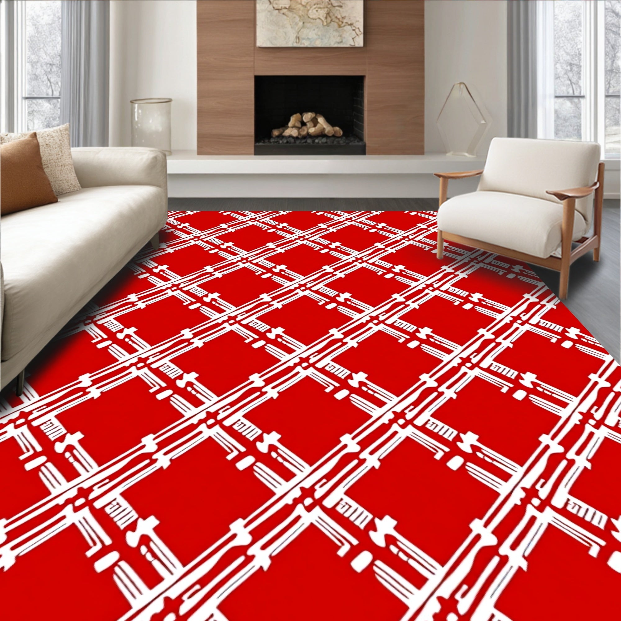 Bold Red White Lattice Rug
