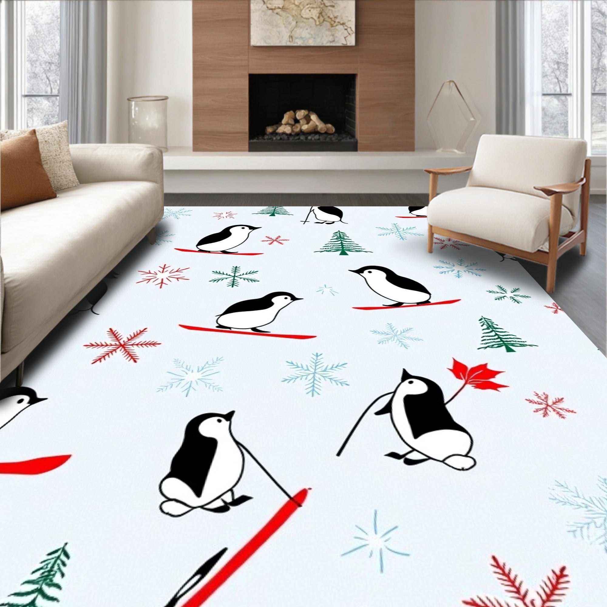 Whimsical Penguin Skiing Snow Snowflake Theme Rug