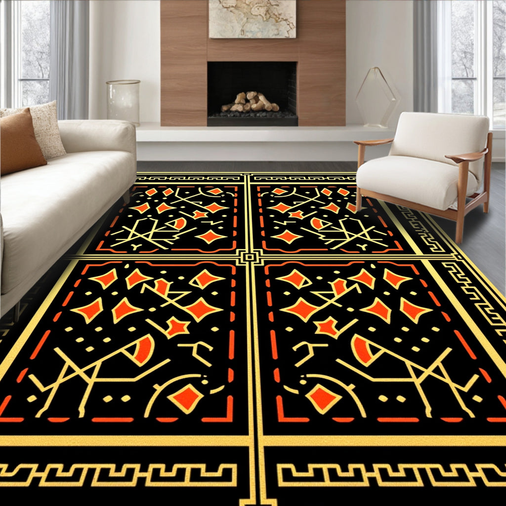 Geometric Orange Diamond Black Gold Border Rug