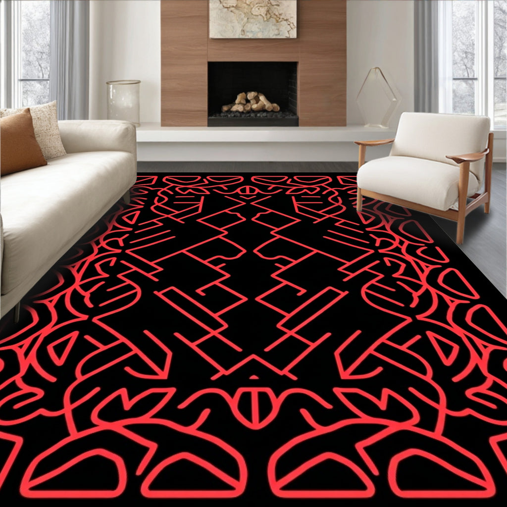 Geometric Red Maze Abstract Rug