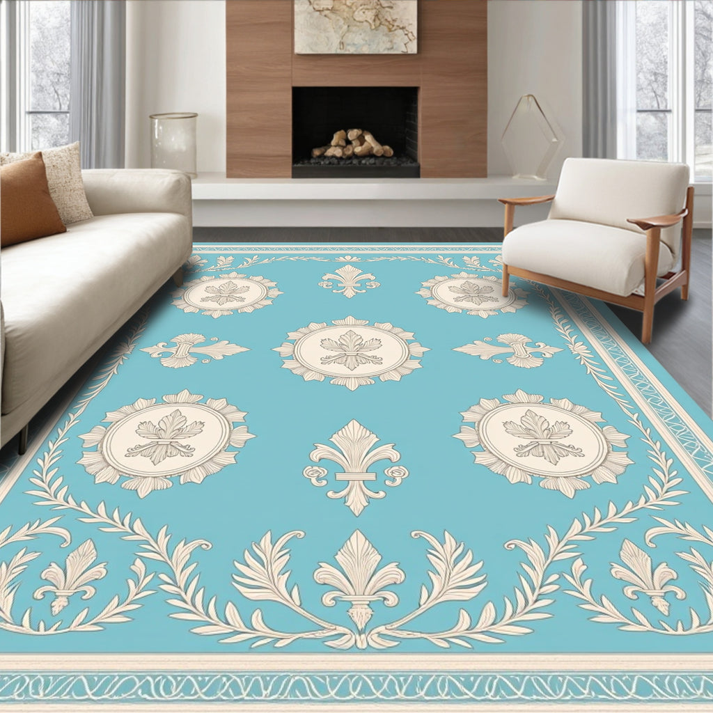 Aqua and Cream Fleur-de-lis Medallion Rug