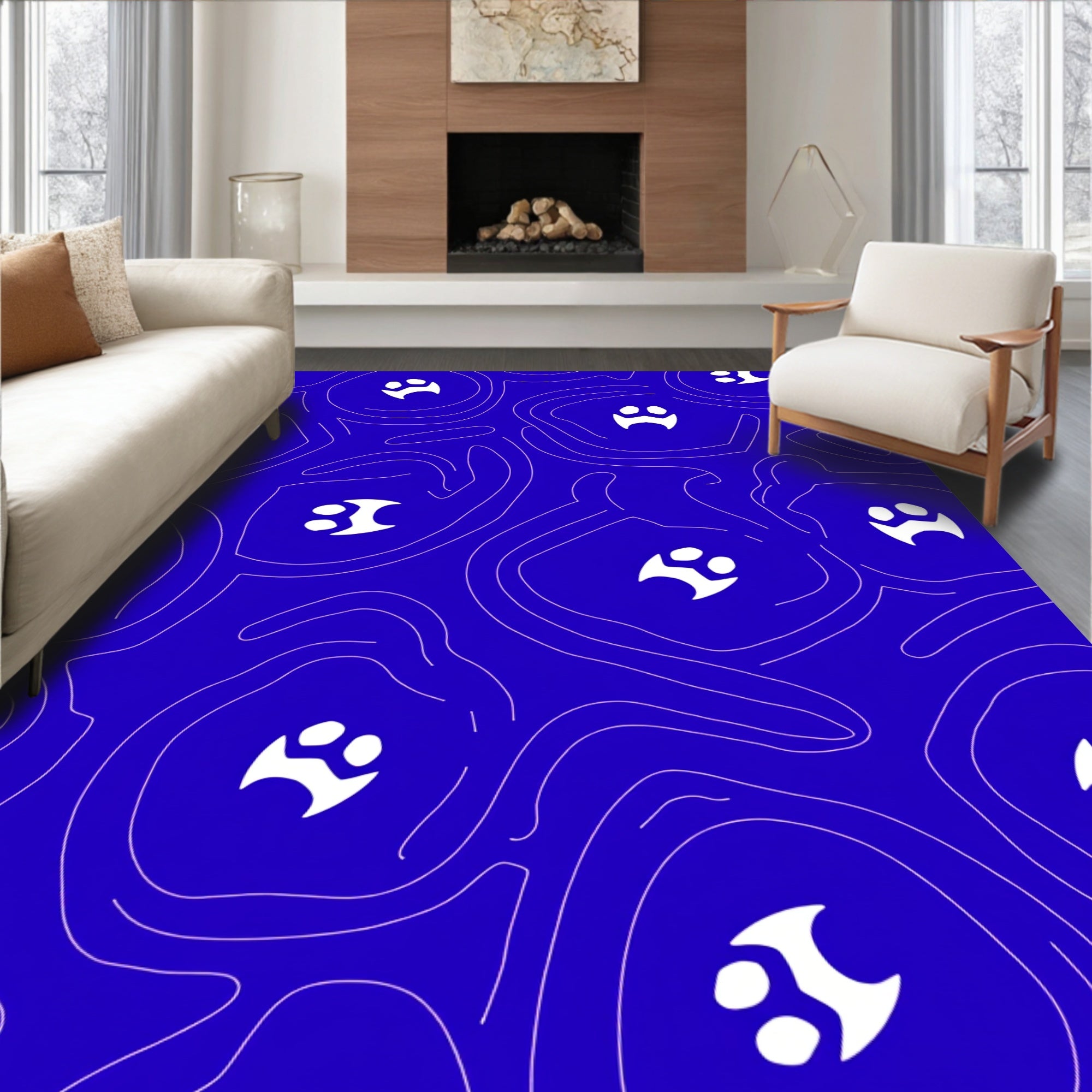 Deep Blue Paw Print Contour Rug