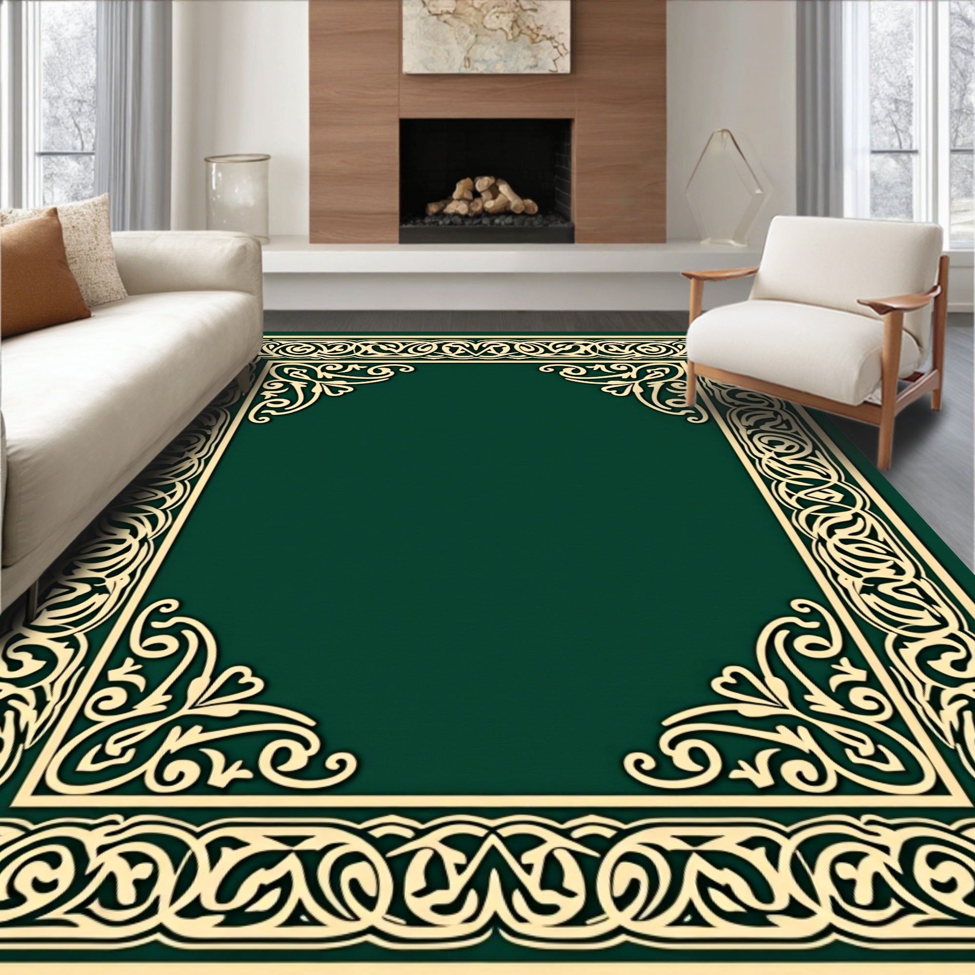 Deep Emerald Green Ornate Border Rug