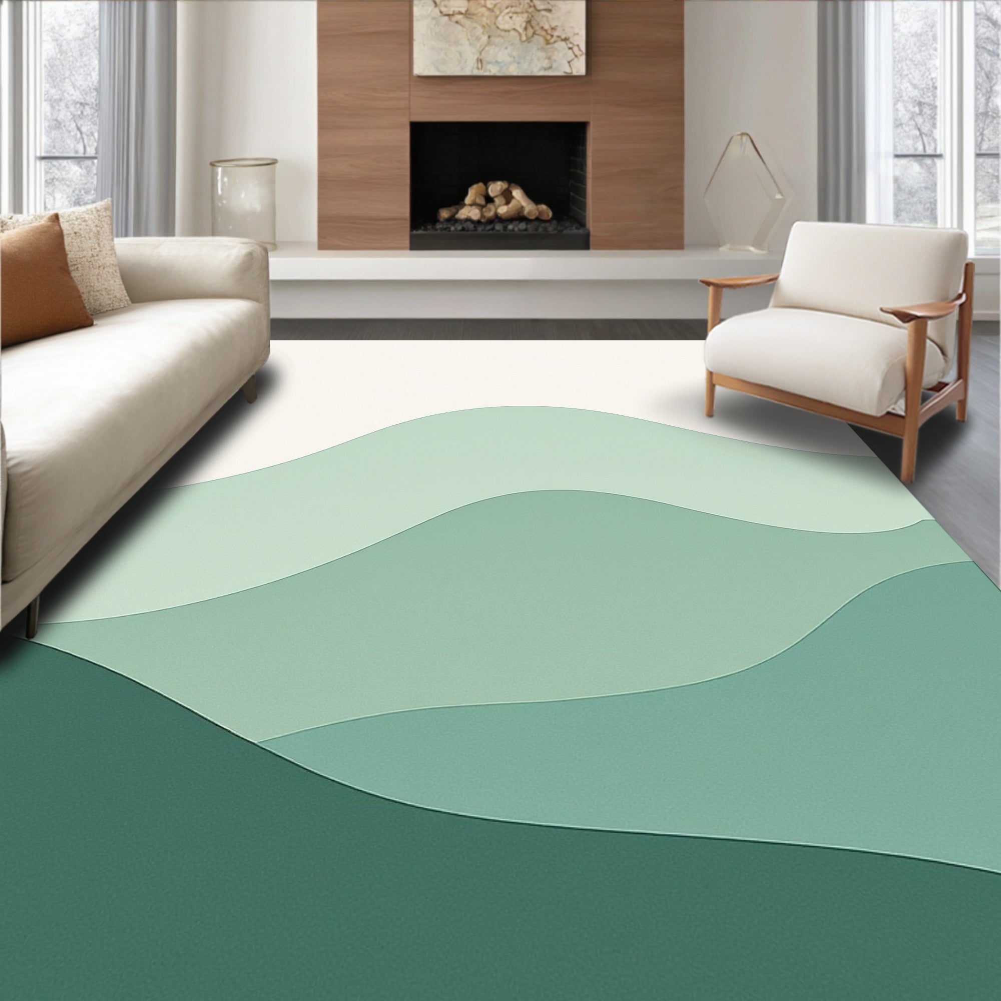 Layered Green Abstract Waves Rug