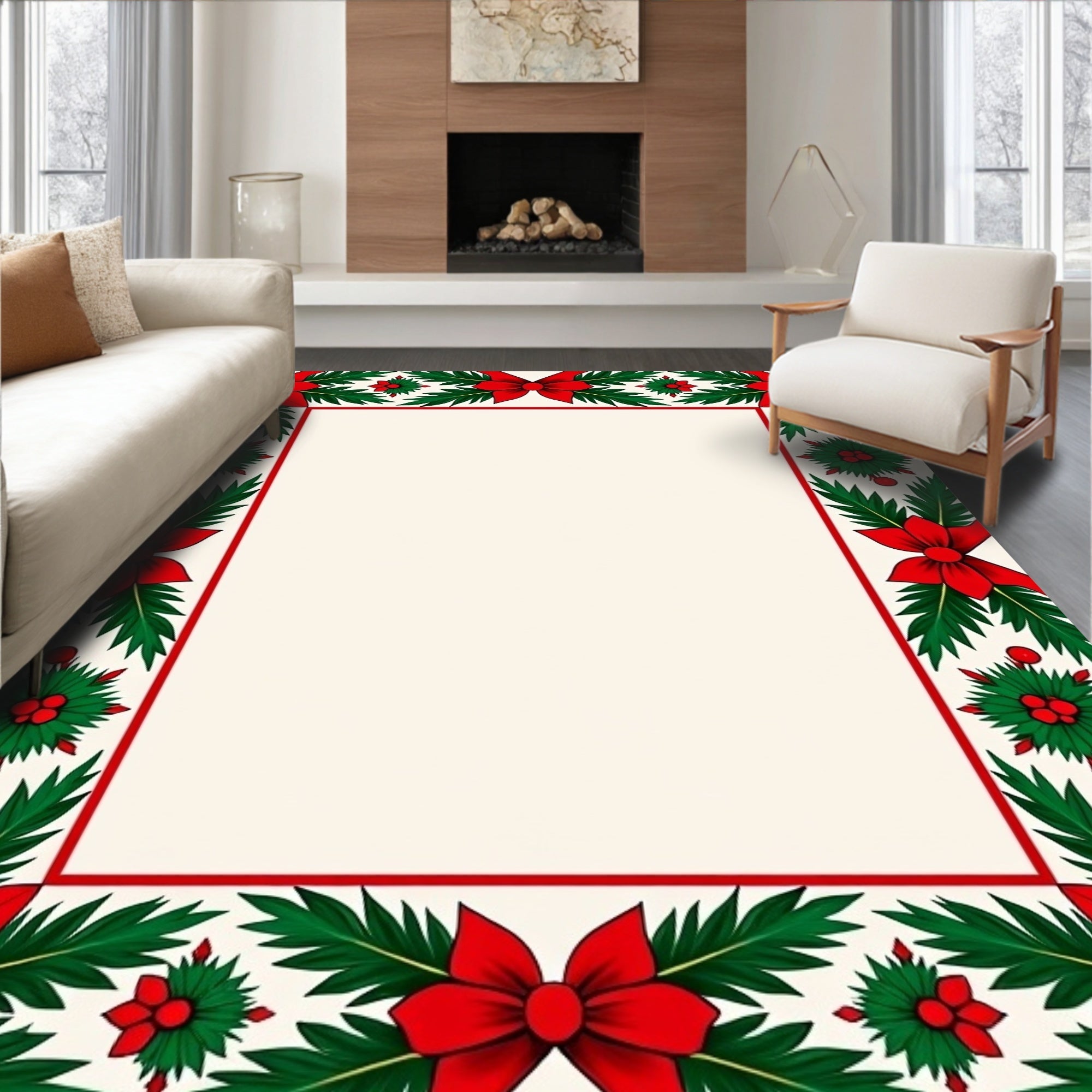 Festive red bows and holly border Rug