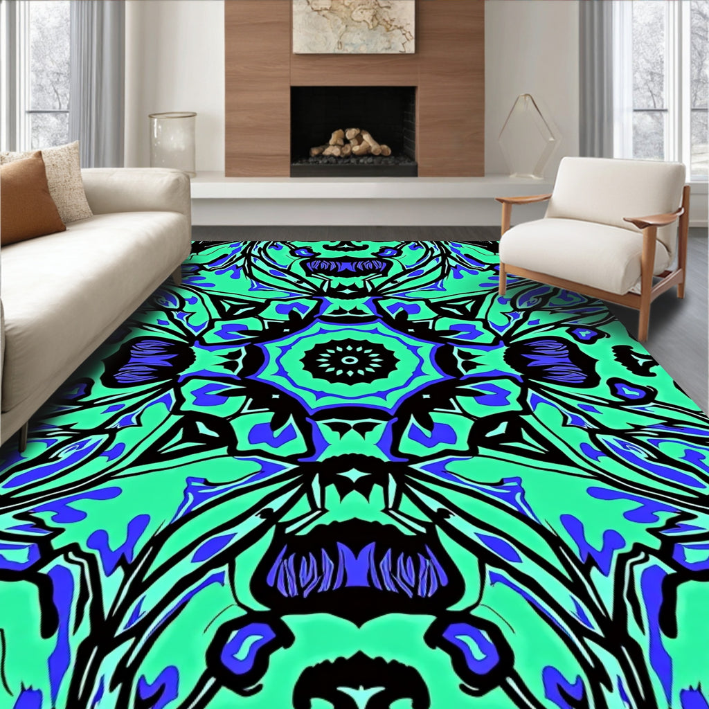 Vibrant Teal Blue Black Floral Medallion Rug