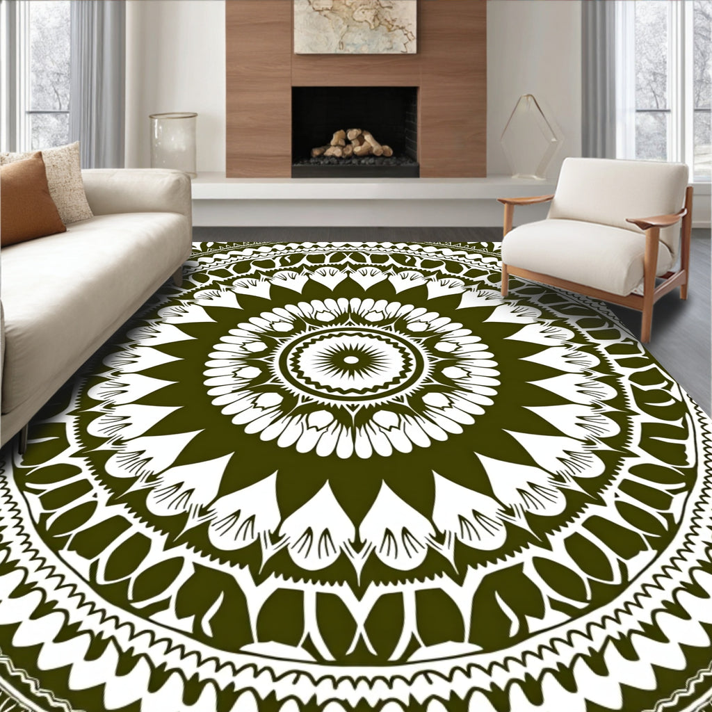 Deep Olive Green Radial Mandala Rug