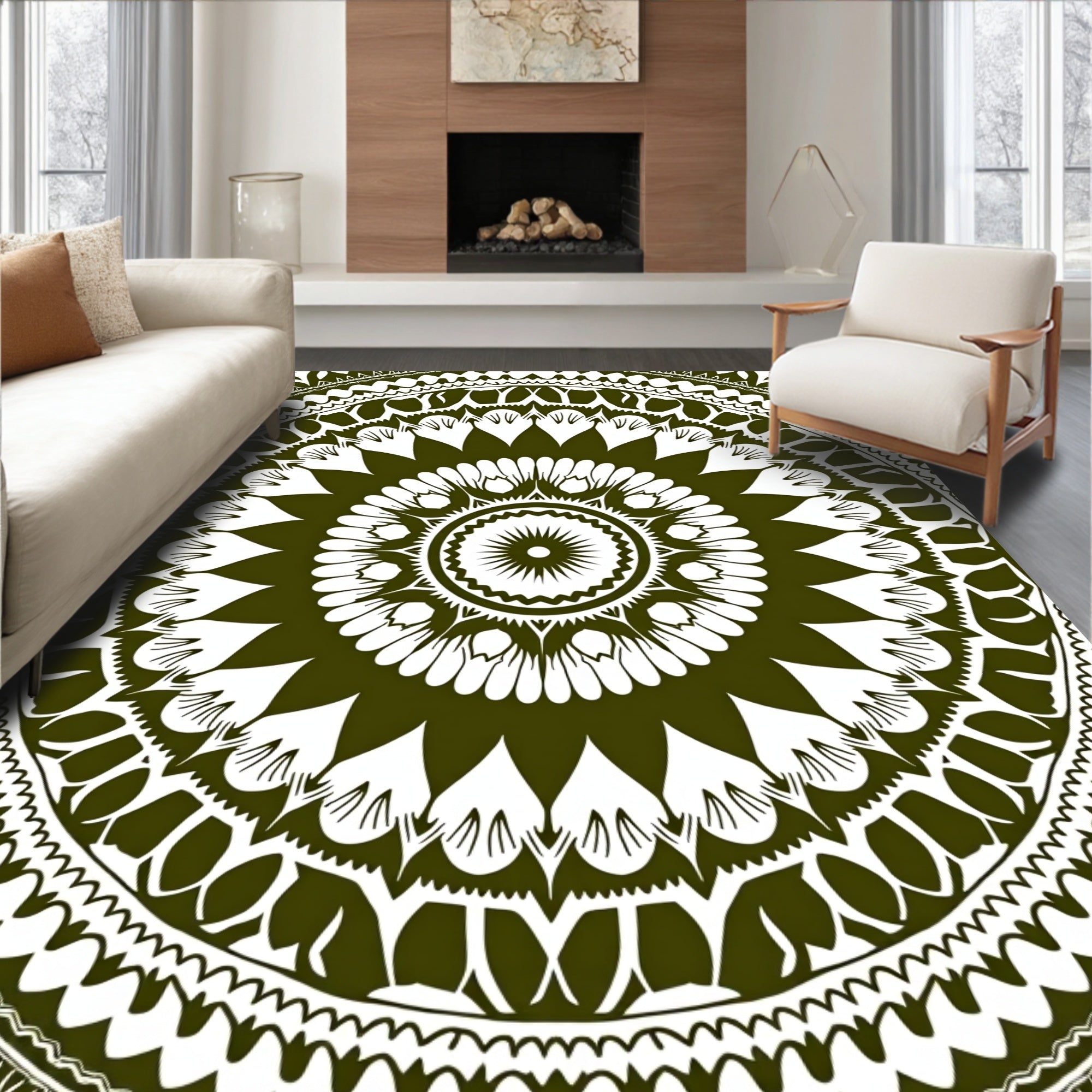Deep Olive Green Radial Mandala Rug