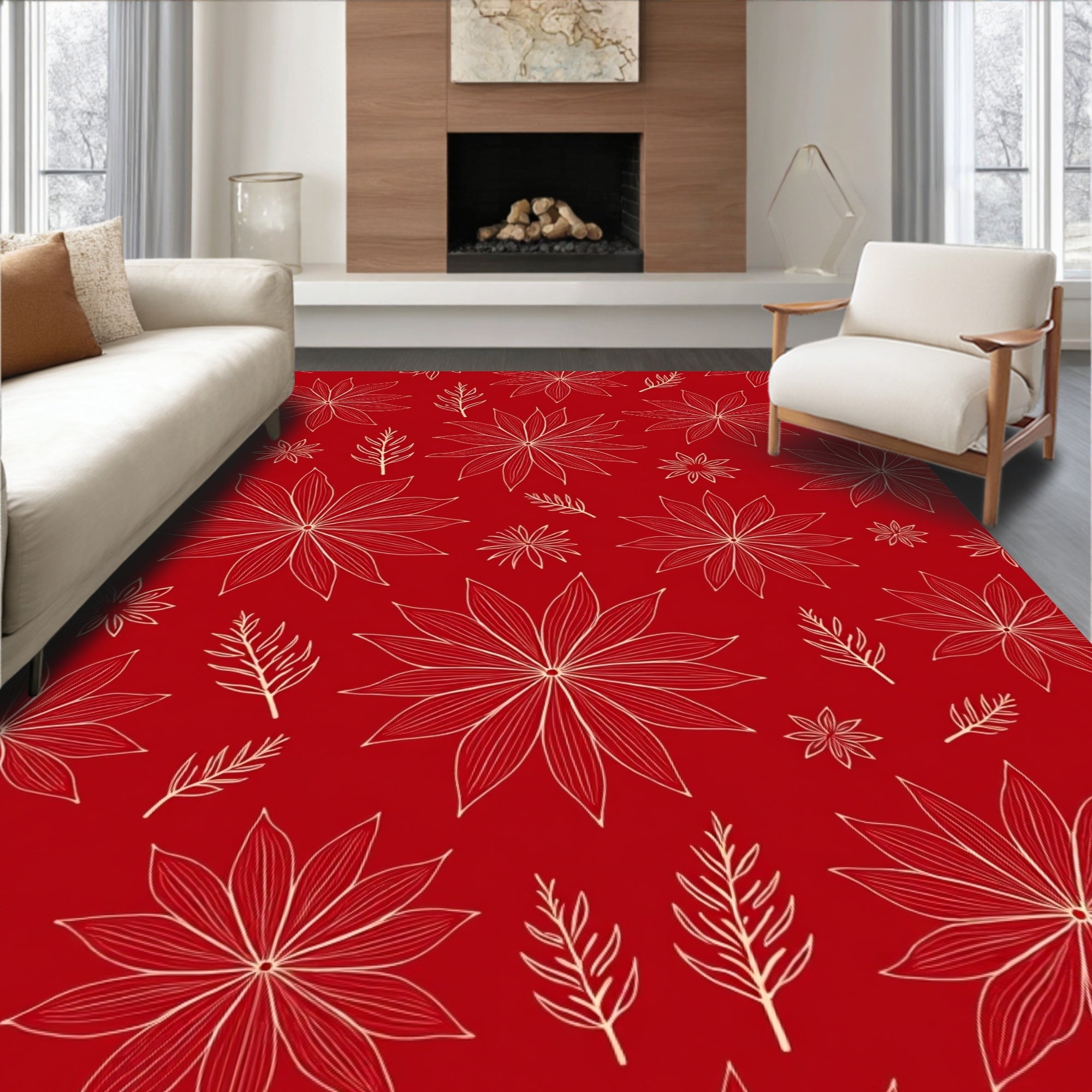 Crimson Poinsettia Floral Line Art Rug
