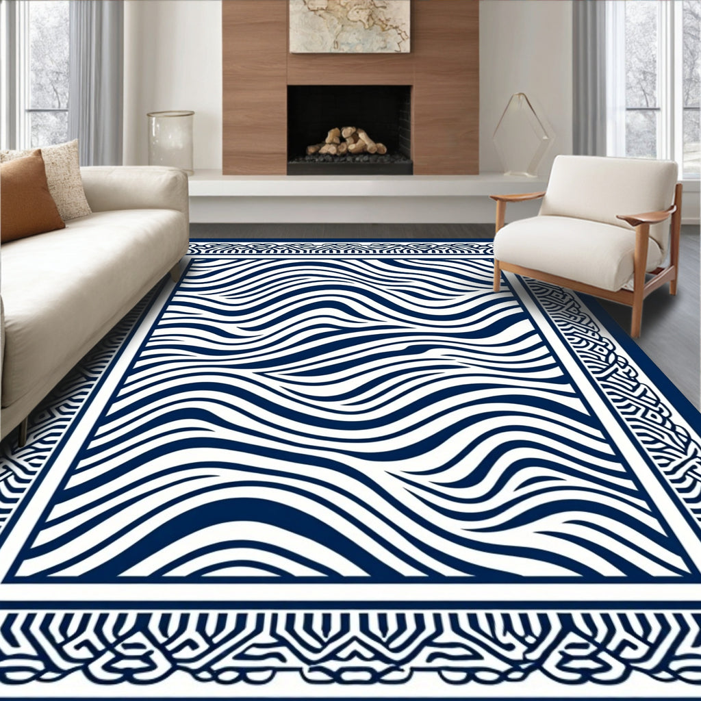 Navy White Abstract Wave Border Rug
