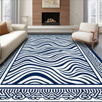 Navy White Abstract Wave Border Rug
