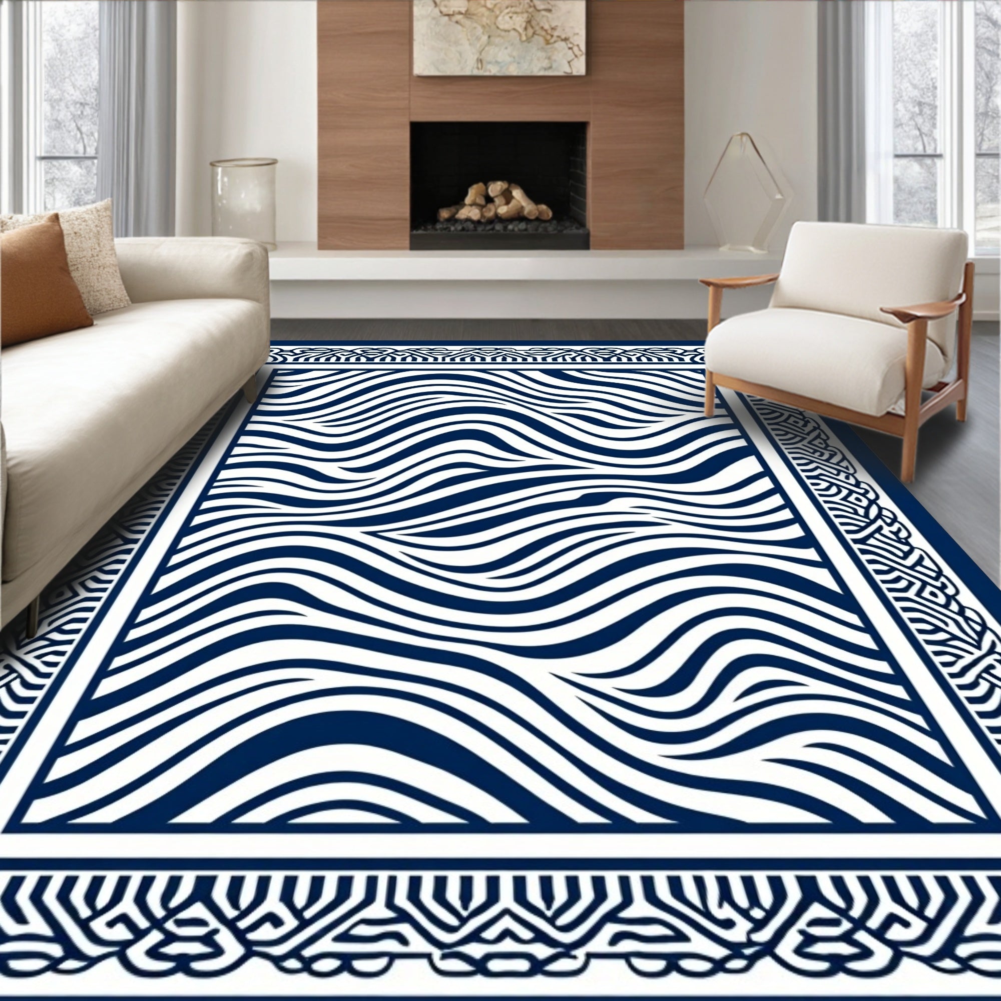 Navy White Abstract Wave Border Rug