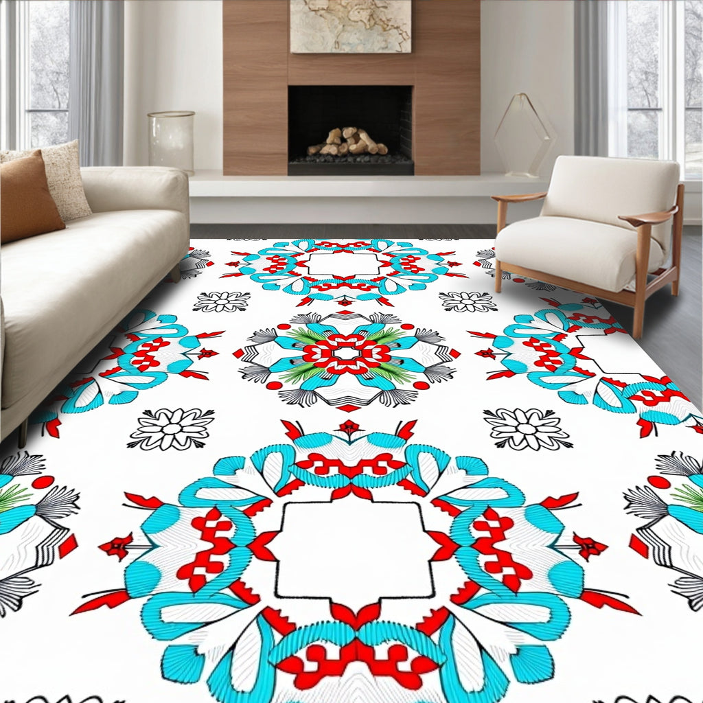 Red Blue Green Floral Mandala Rug