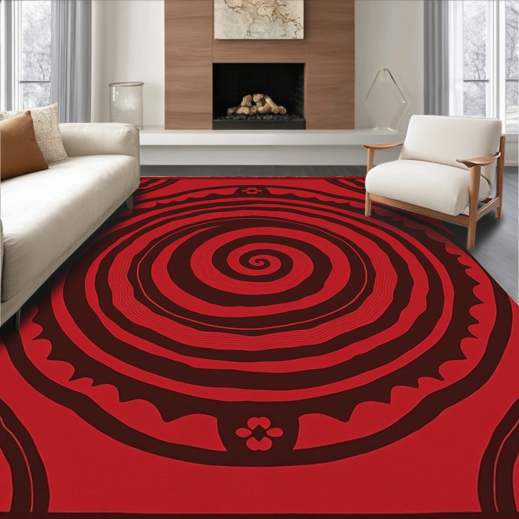 Crimson Spiral Swirl Abstract Rug