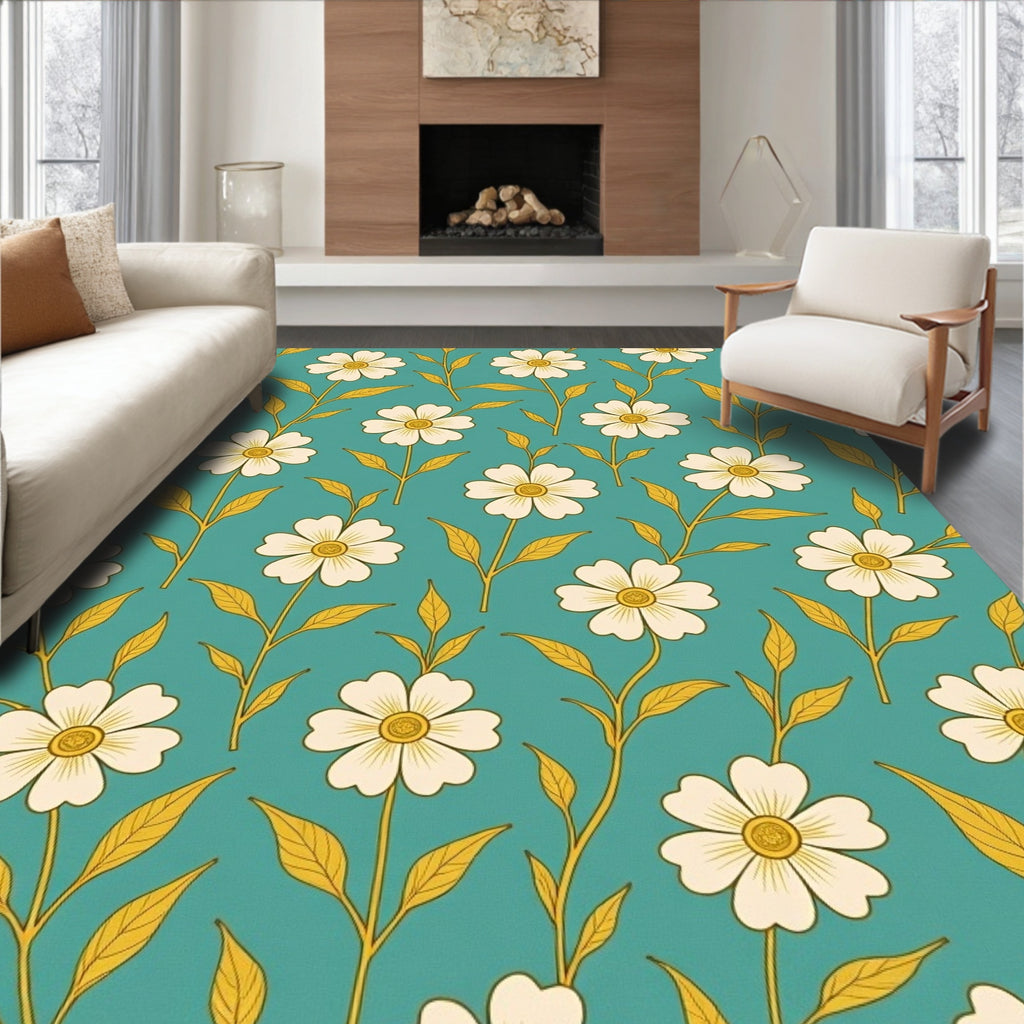 Cream Daisy Teal Floral Vine Rug