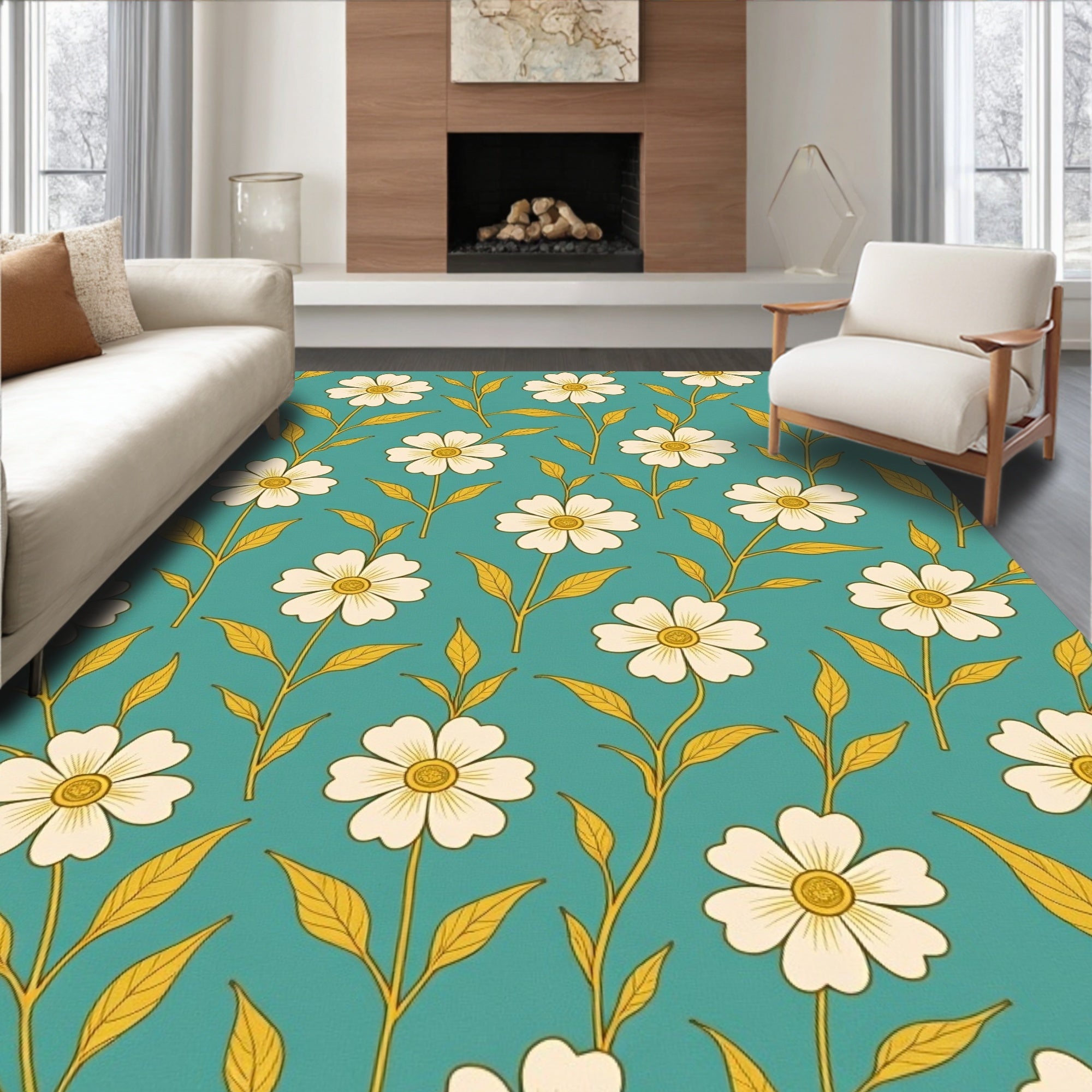 Cream Daisy Teal Floral Vine Rug