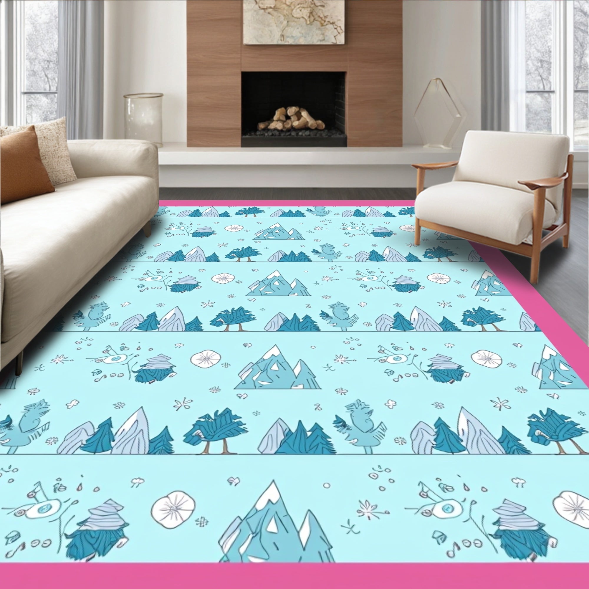 Whimsical Aqua Forest Animal Mountains Rug