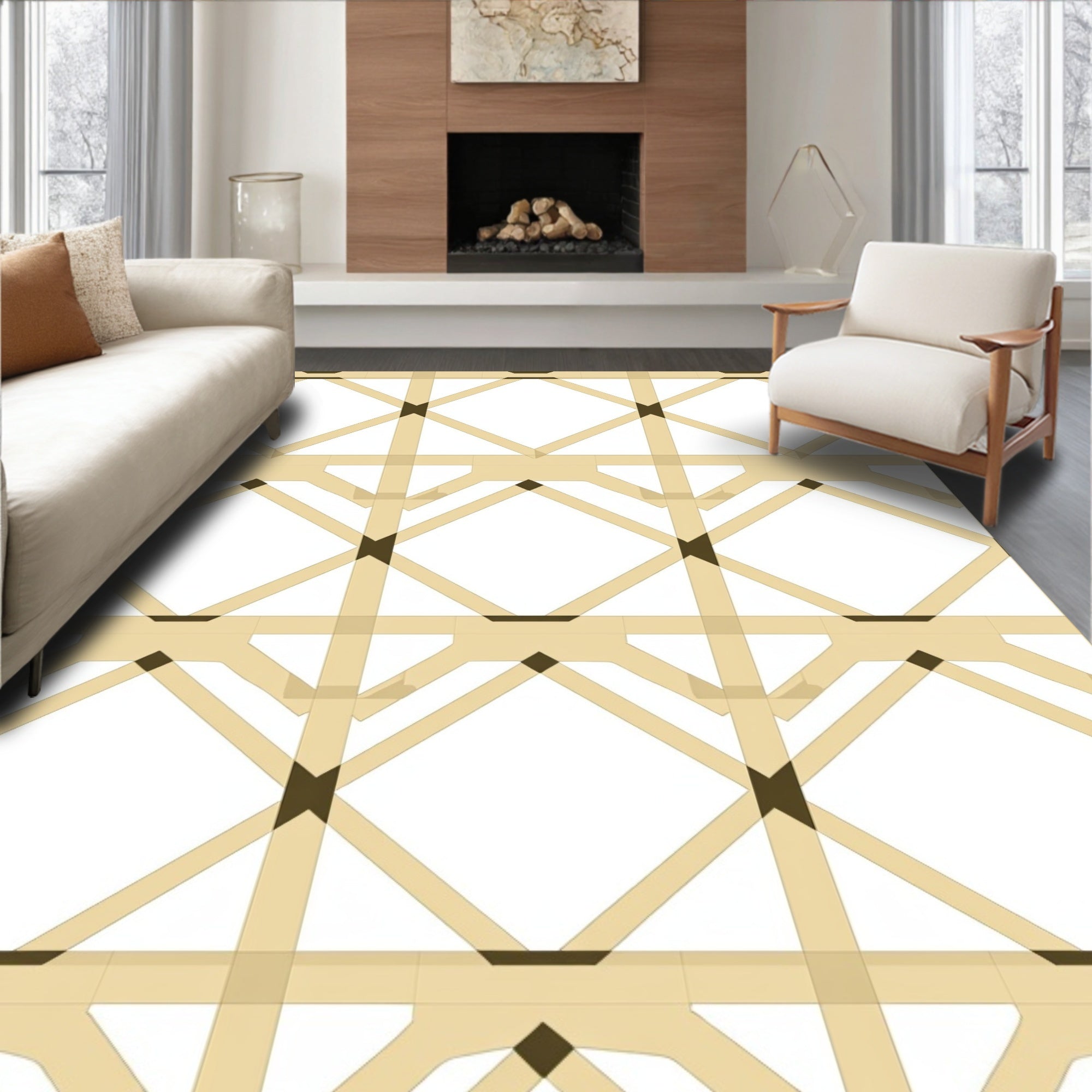 Tan Geometric Cane Webbing Rug