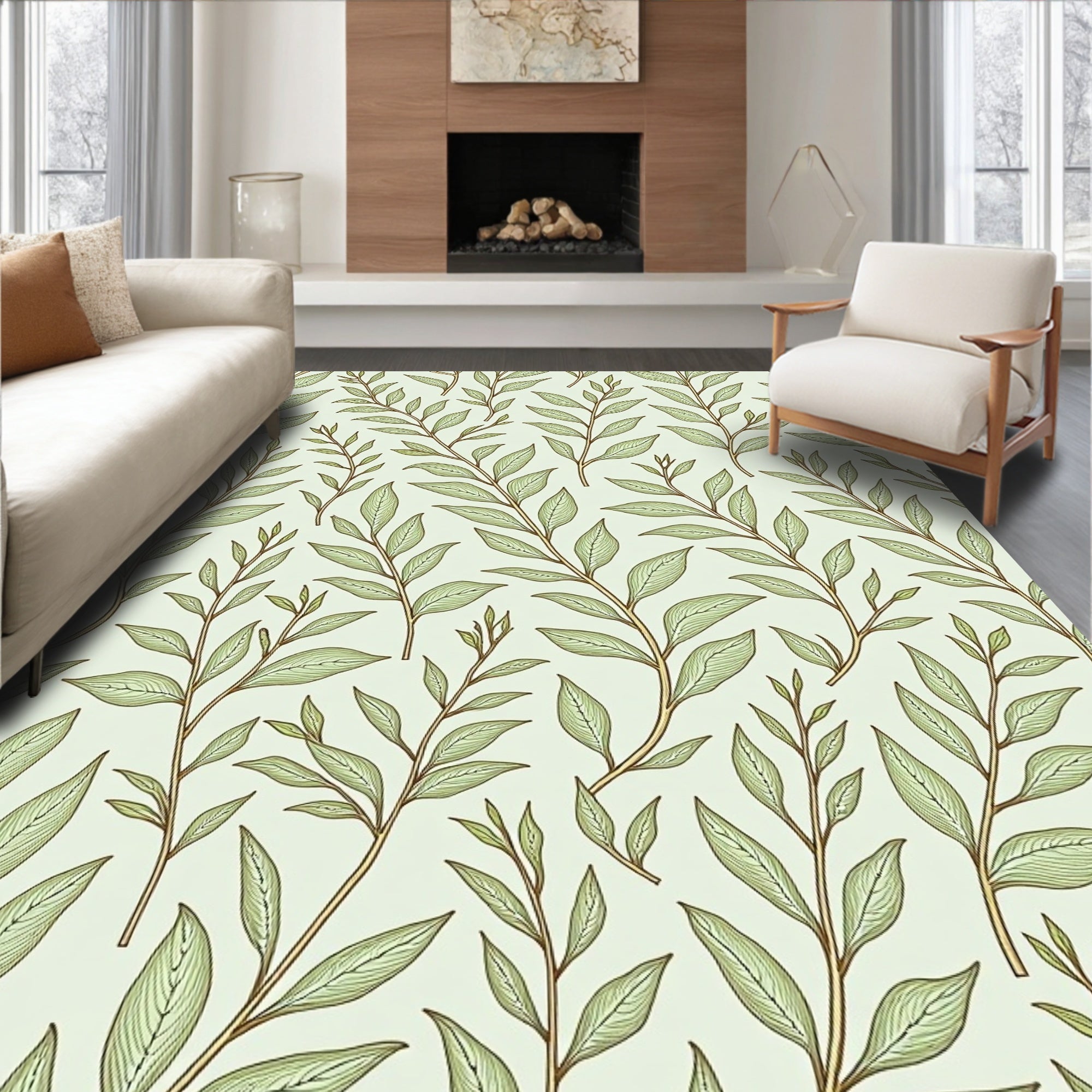 Light Green Branch Leafy Repeat Rug