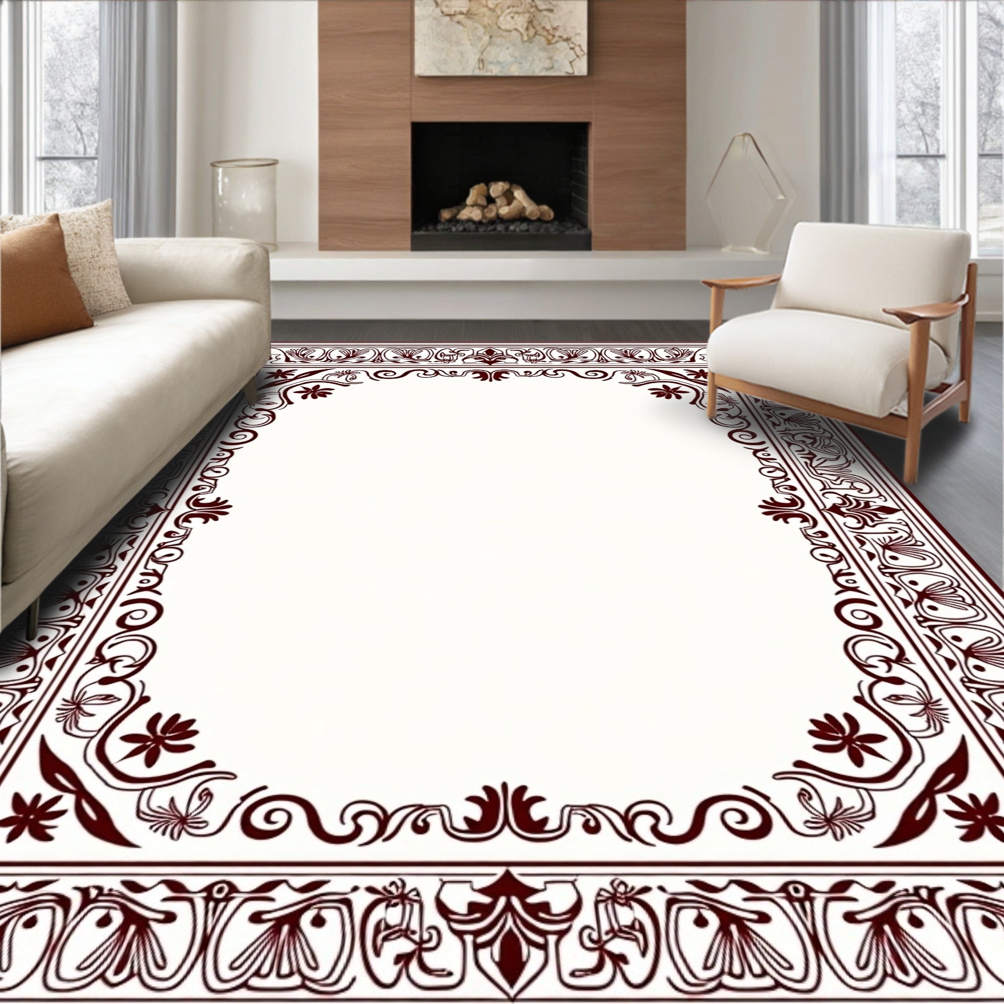 Ornate Crimson Floral Border Rug