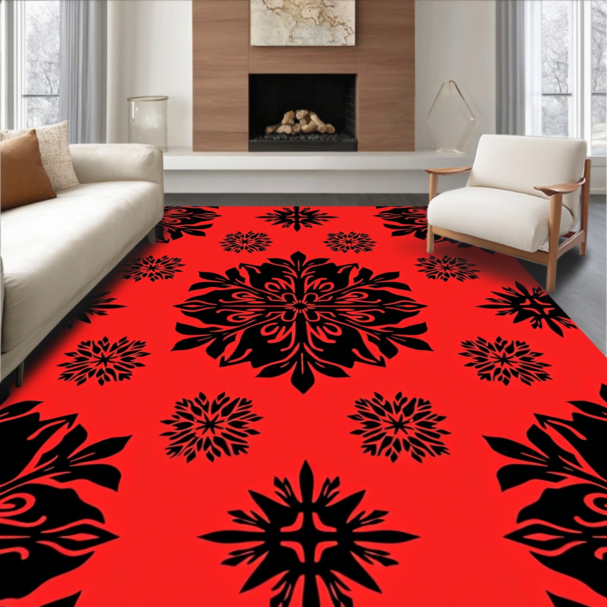 Crimson Black Floral Medallion Collage Rug