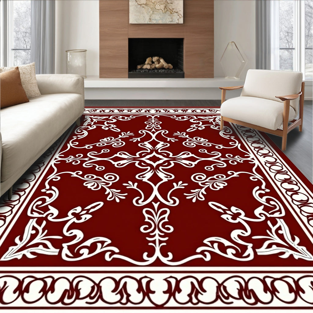 Deep Red White Floral Medallion Rug