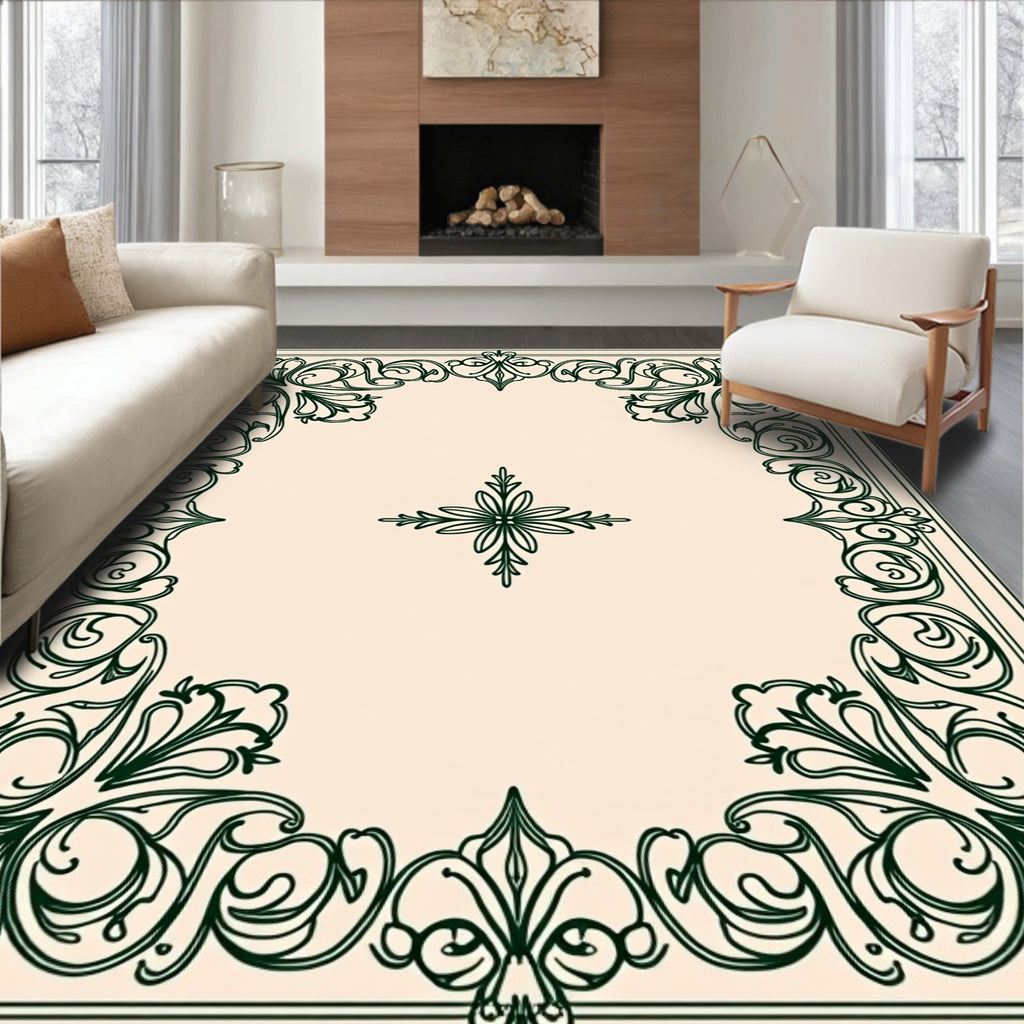 Ornate Emerald Scroll Border Rug
