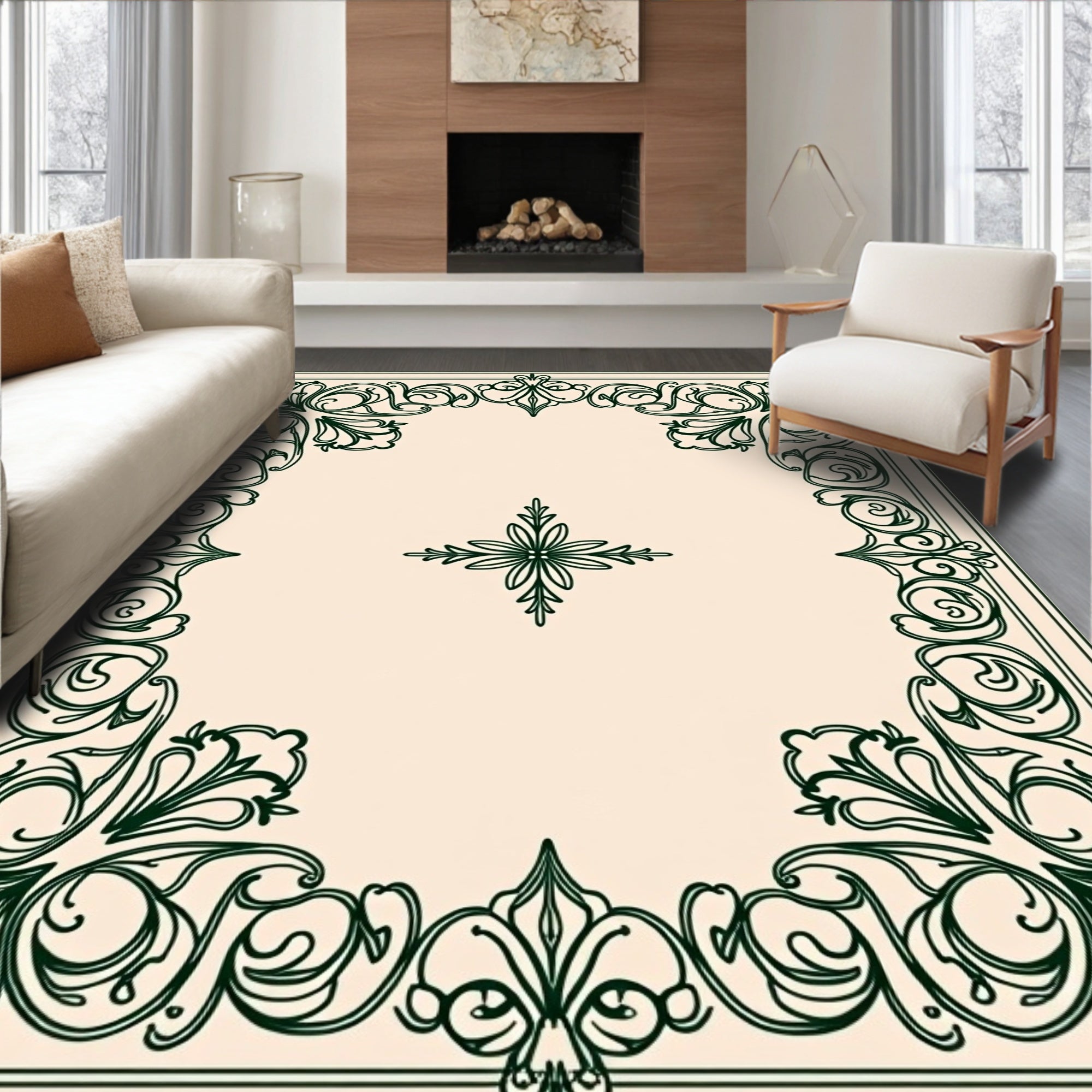 Ornate Emerald Scroll Border Rug