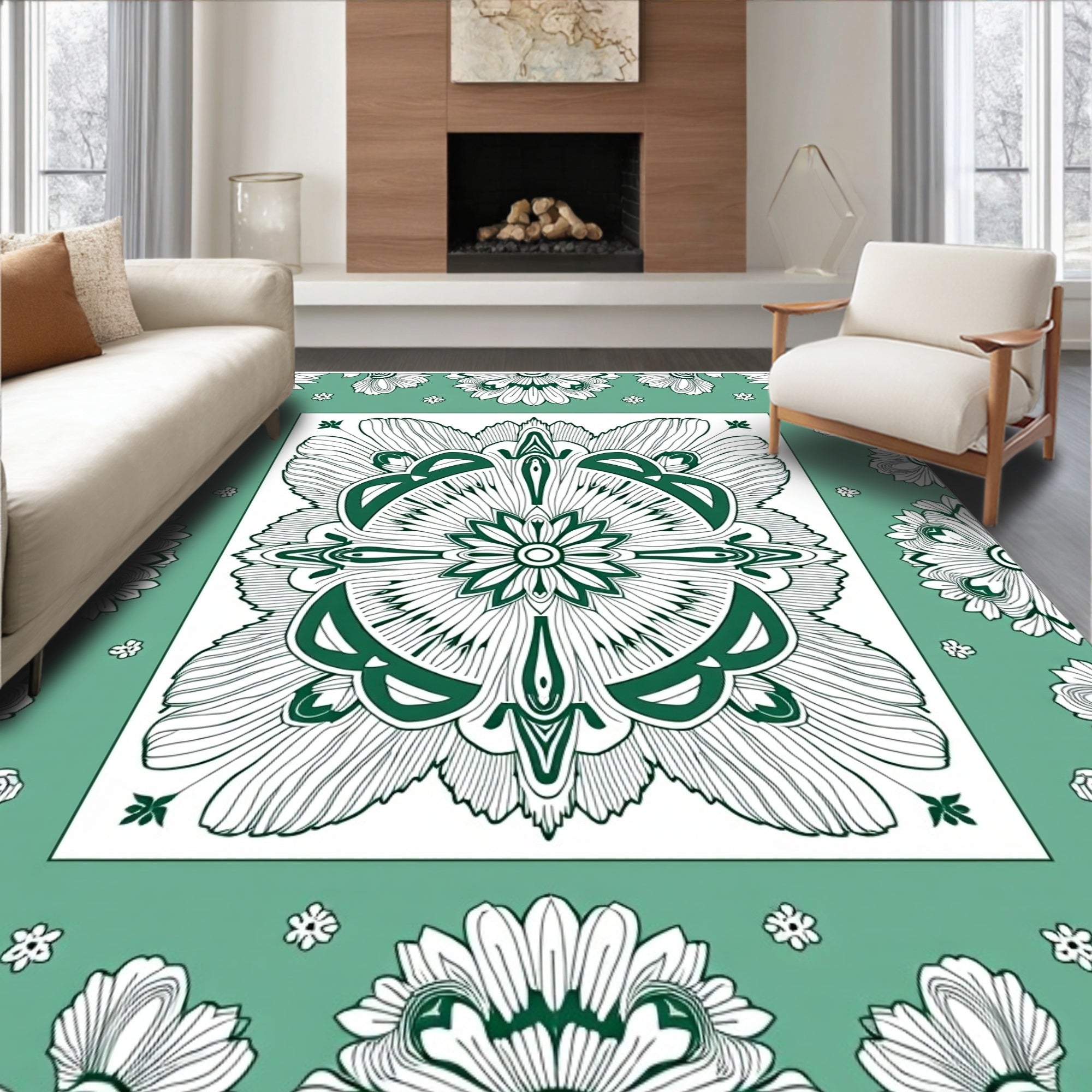Emerald Green Floral Medallion Tapestry Rug