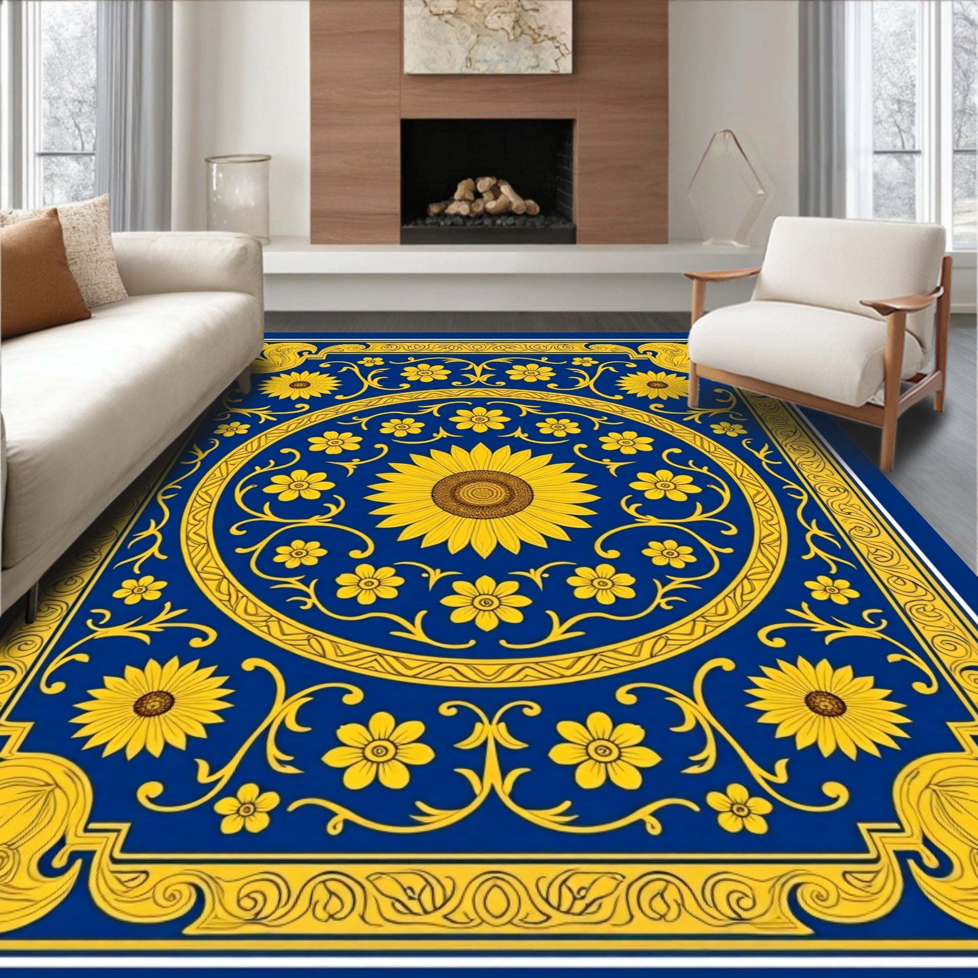 Golden Sunflower Medallion Blue Rug