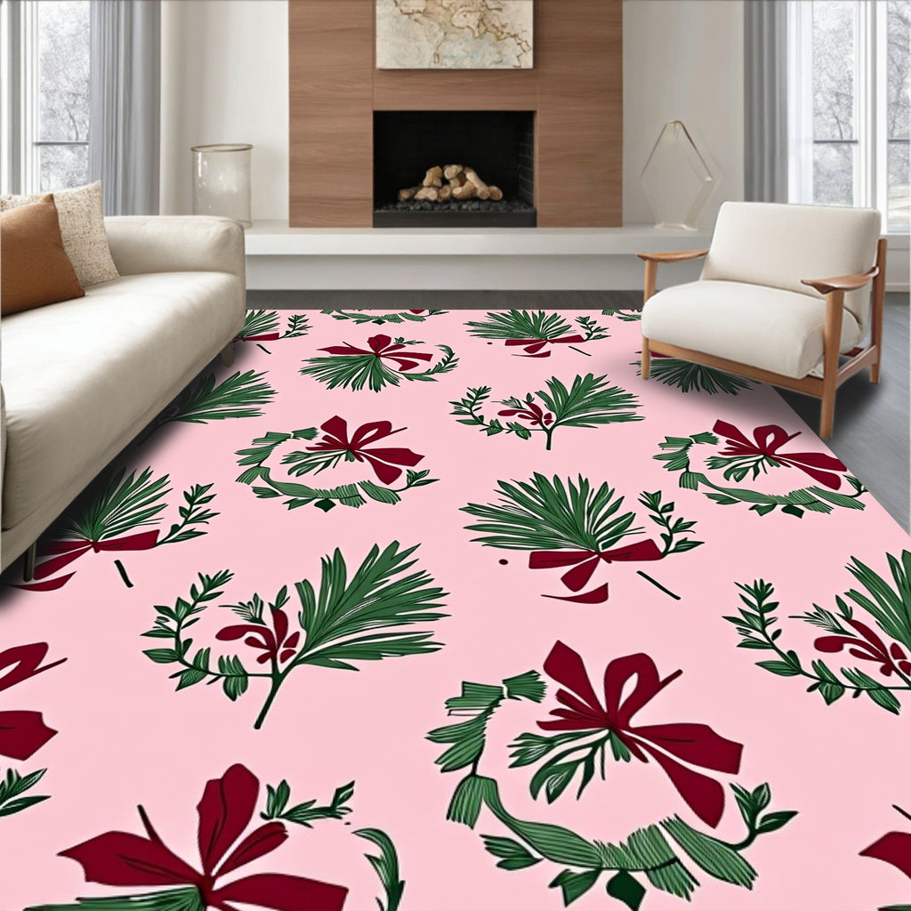 Botanical Wreath Crimson Bow Pink Background Rug